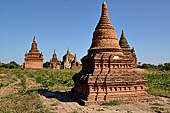 The cluster of red brick temples, named Khay-min-gha on the map on the North plain of Bagan. Myanmar. 